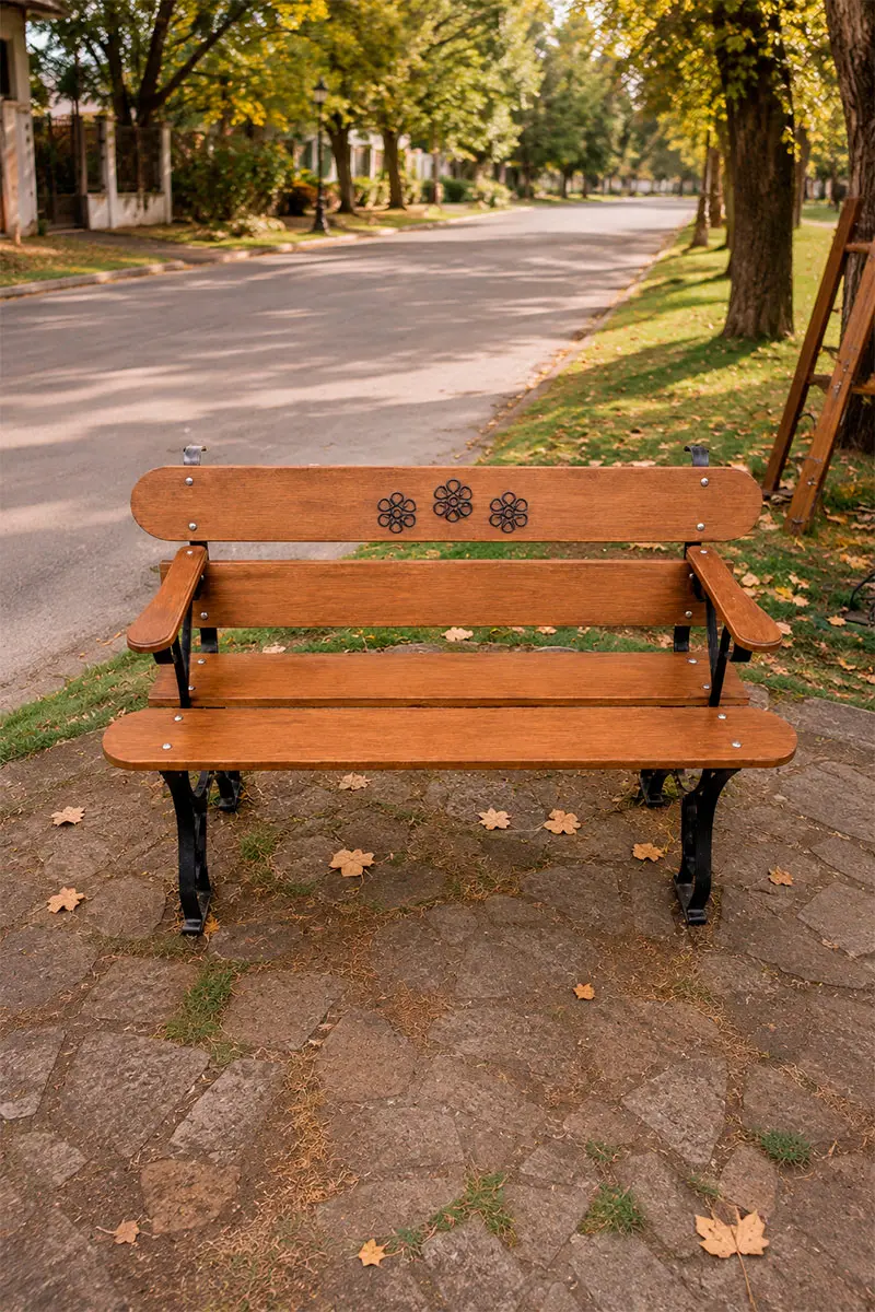 Banco vintage de madera natural con patas de hierro artesanal MAHUA