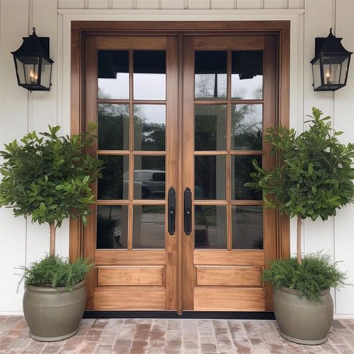 Puerta doble de madera con paños vidriados, diseño artesanal MAHUA